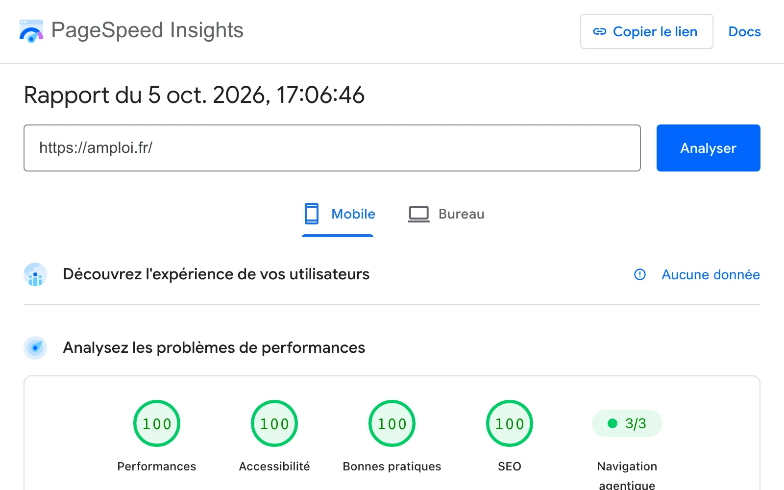 Rapport Google PageSpeed Insights d'amploi.fr du 5 octobre 2026, vue mobile : 100 en performances, accessibilité, bonnes pratiques et SEO.
