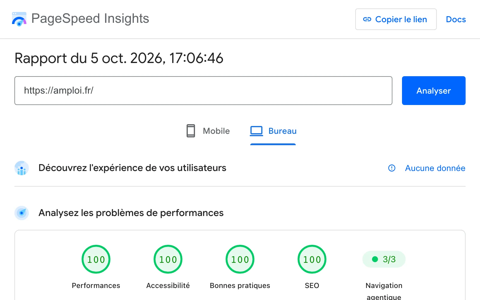 Rapport Google PageSpeed Insights d'amploi.fr du 5 octobre 2026, vue ordinateur : 100 en performances, accessibilité, bonnes pratiques et SEO.