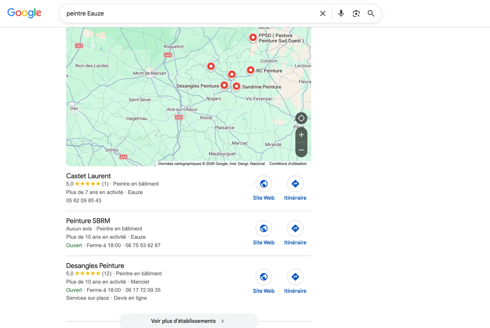 Résultat Google pour « peintre Eauze » : Desangles Peinture dans le pack local.