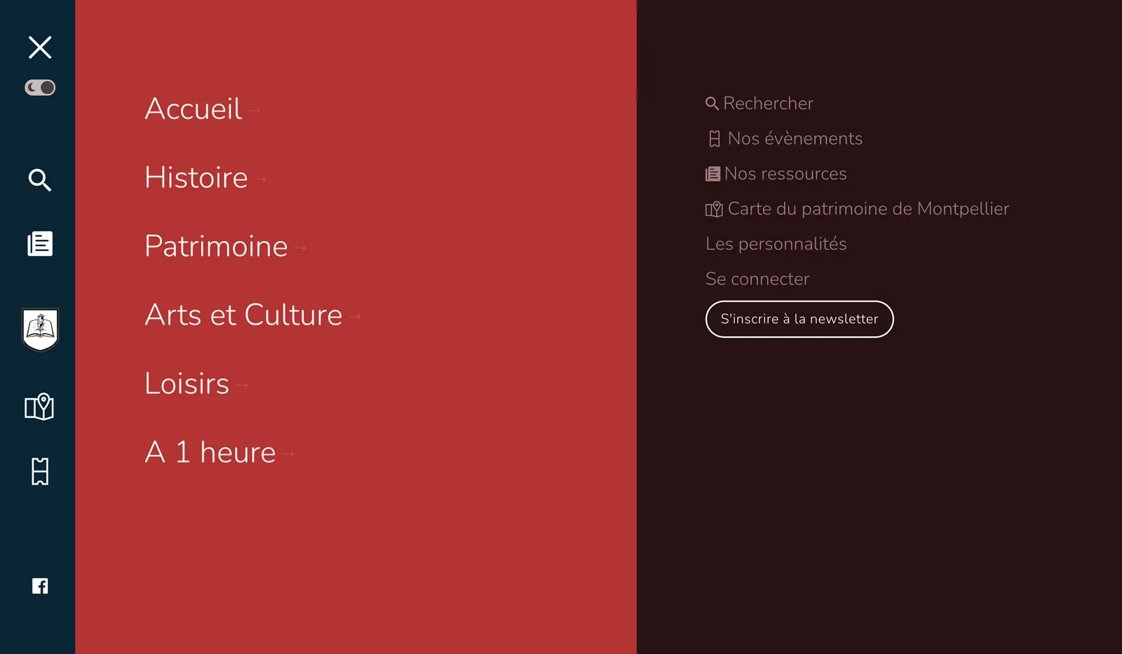 Menu plein écran, navigation par thèmes.