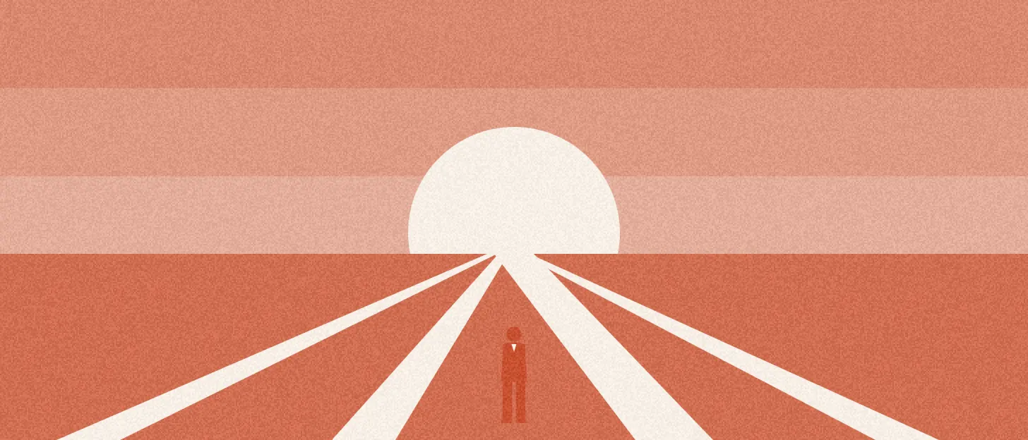 Quatre chemins partent d'un même point vers un grand disque à l'horizon, une silhouette au carrefour