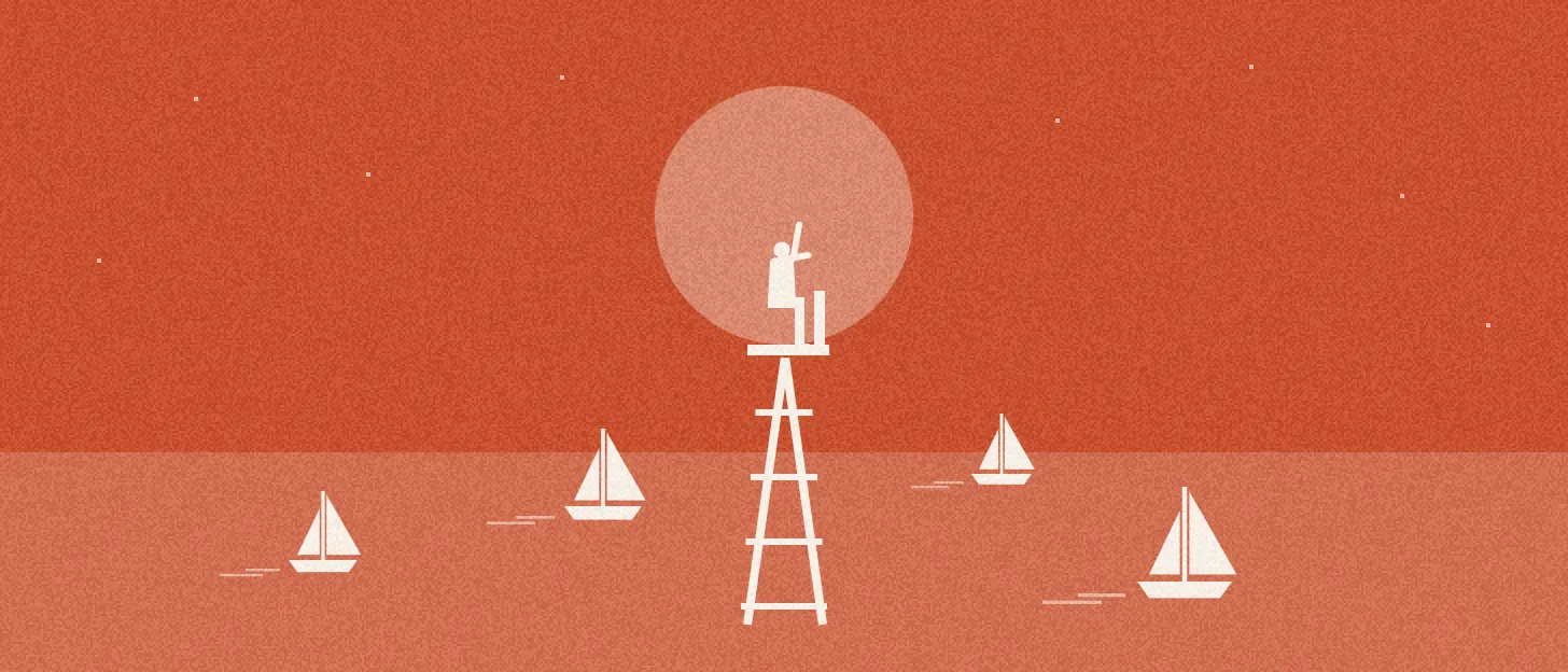 Une vigie au sommet d'une haute tour de guet, bras levé devant un grand disque clair, surveille des voiliers sur la mer