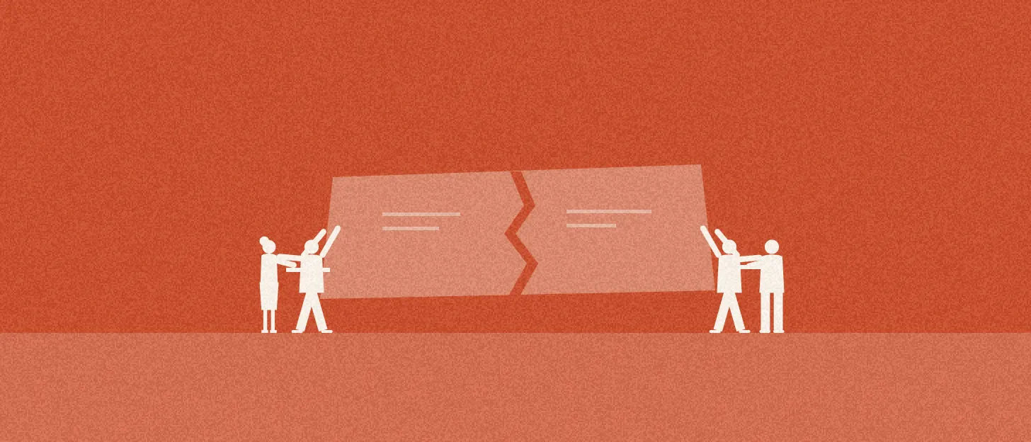 Illustration : quatre personnes tirent les bords d'une même grande feuille, qui se déchire au milieu