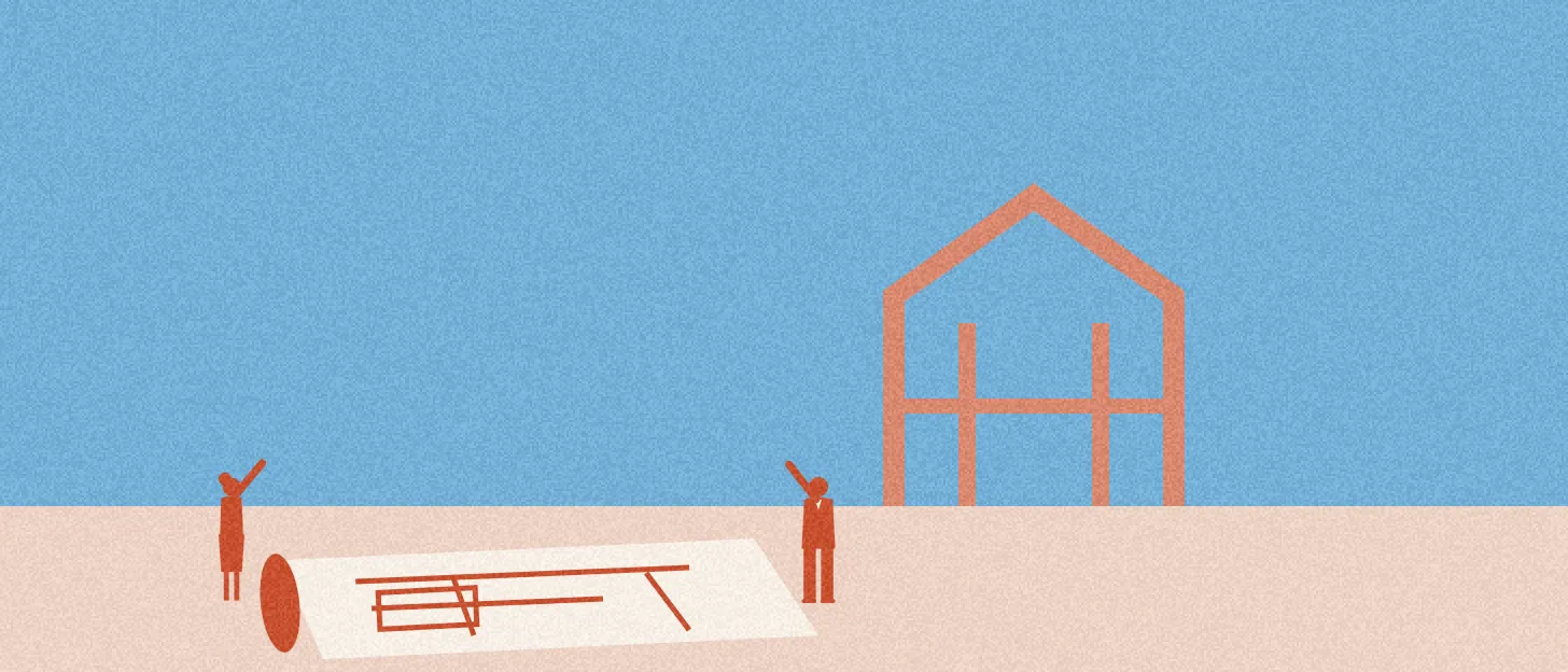 Une silhouette déroule un immense plan sur le sol devant une maison en construction, une autre tient l'angle