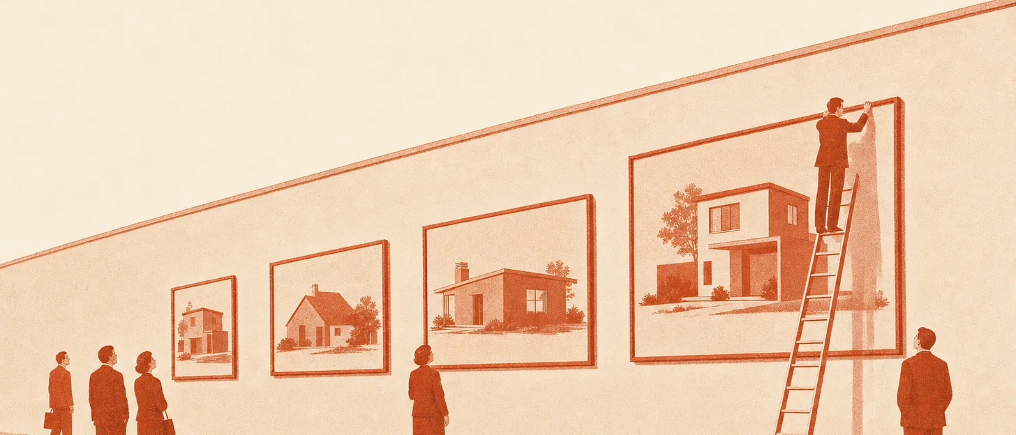 Un homme sur une échelle accroche des tableaux de maisons sur un long mur