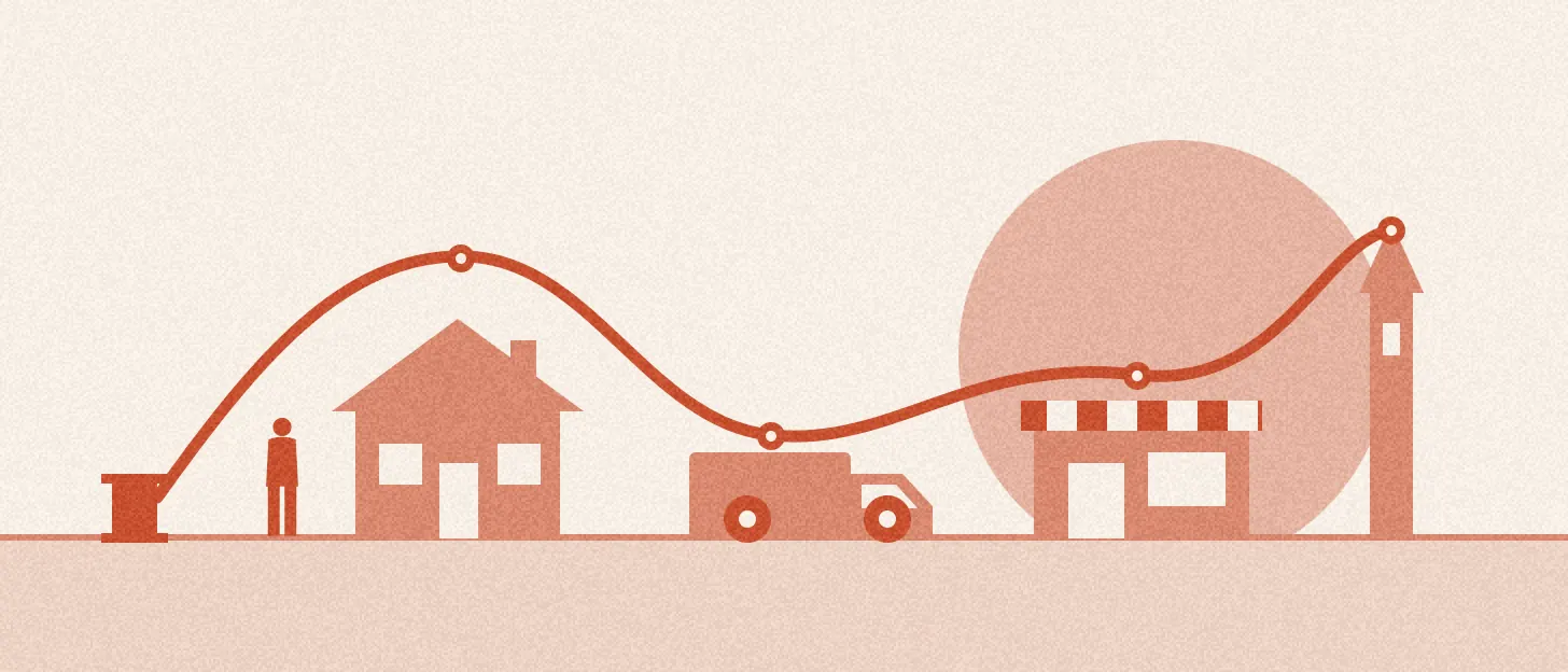 Une silhouette déroule une bobine : le fil traverse une maison, une camionnette, une boutique et un clocher.