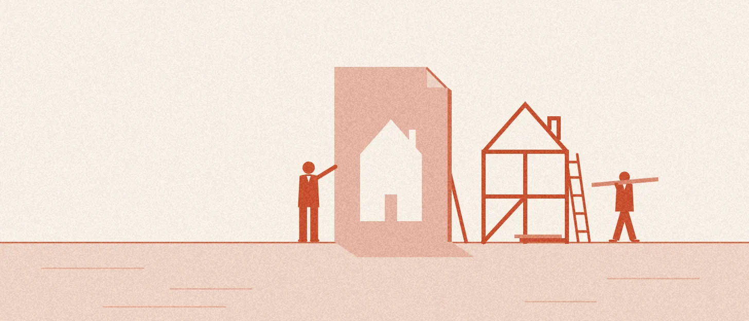 Illustration : un grand gabarit de papier découpé en forme de maison, à côté d'une charpente montée à la même forme