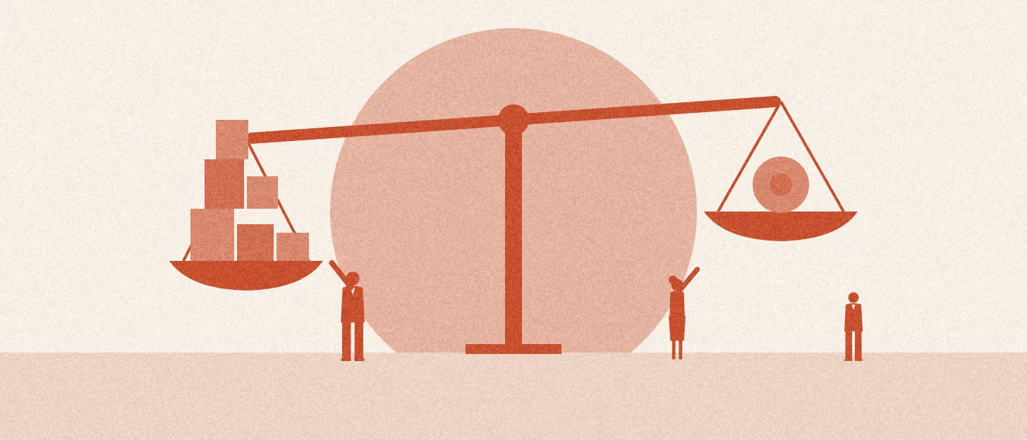 Une balance géante : des caisses empilées d'un côté, un seul disque de l'autre, des silhouettes autour
