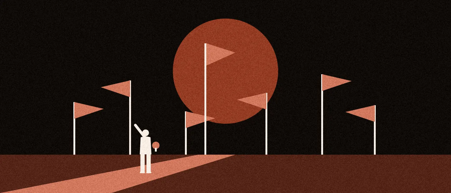 De nuit, une silhouette à la lanterne montre du doigt une rangée de mâts à fanions sur une route