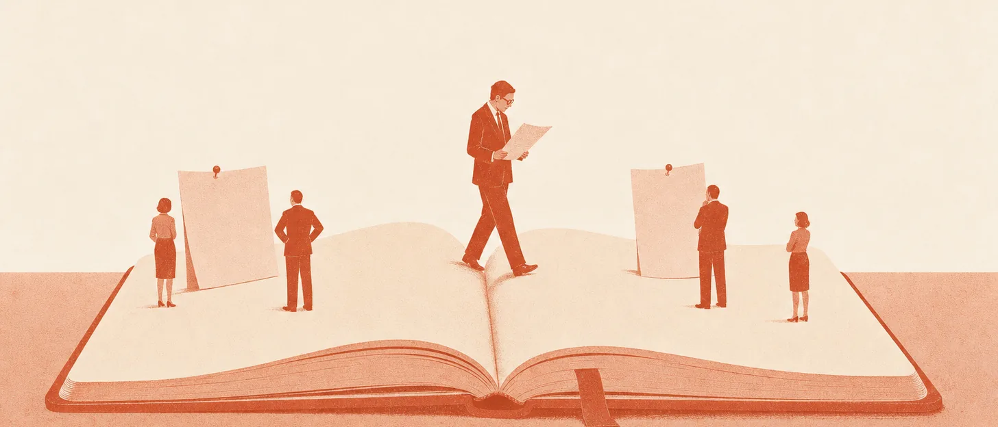Un carnet géant ouvert comme un paysage, de petites silhouettes lisent des feuilles posées sur ses pages
