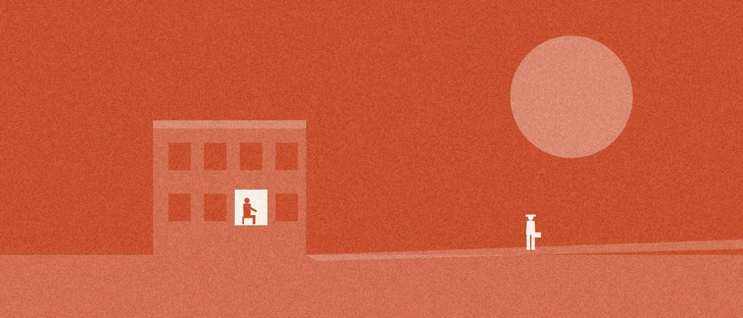 La nuit, une seule fenêtre éclairée où l'on travaille encore, un employé rentre chez lui sous la lune