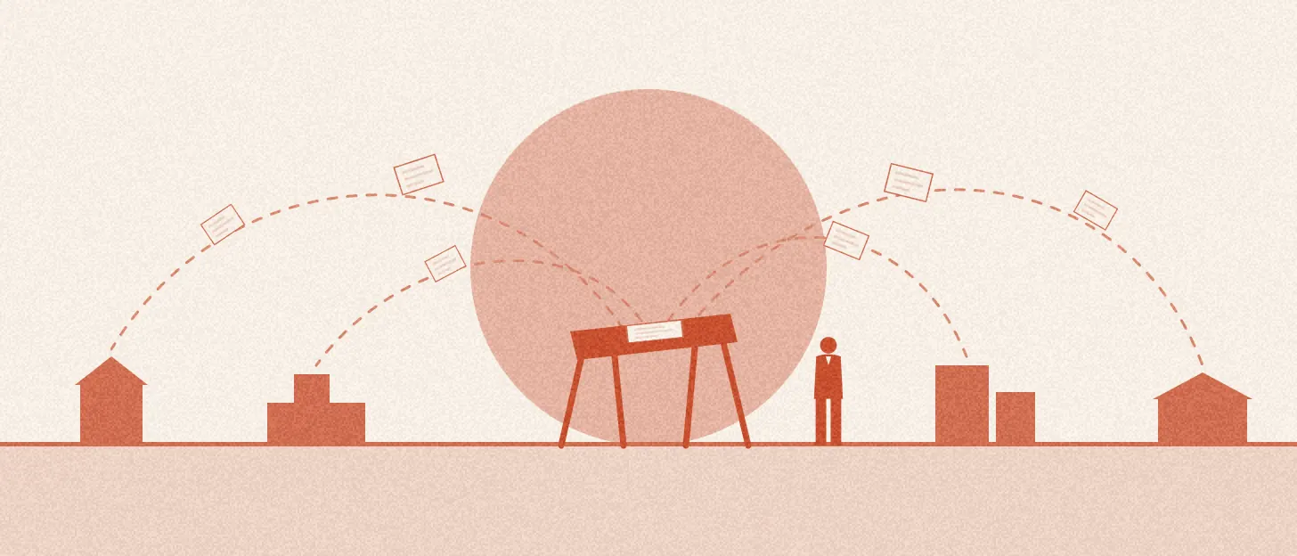 Des feuilles s'envolent d'une table à dessin vers plusieurs bâtiments distincts à l'horizon