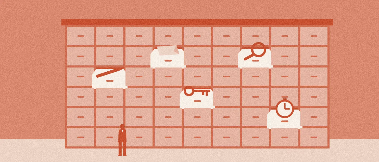 Illustration : une petite silhouette face à un immense meuble à tiroirs ouverts, chacun avec un outil