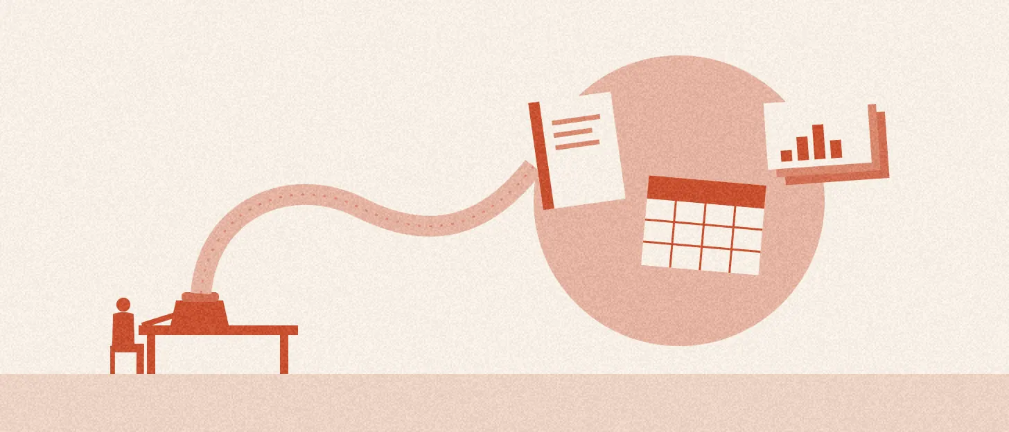 Illustration : un ruban de papier sort d'une machine à écrire et se plie en rapport, tableau et présentation