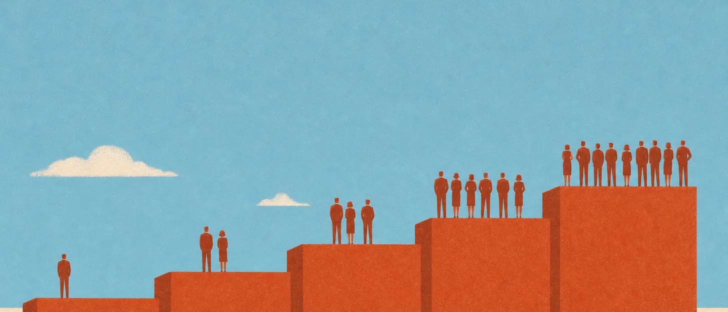 Illustration : cinq marches de hauteur croissante, avec un groupe de personnes plus grand sur chaque marche