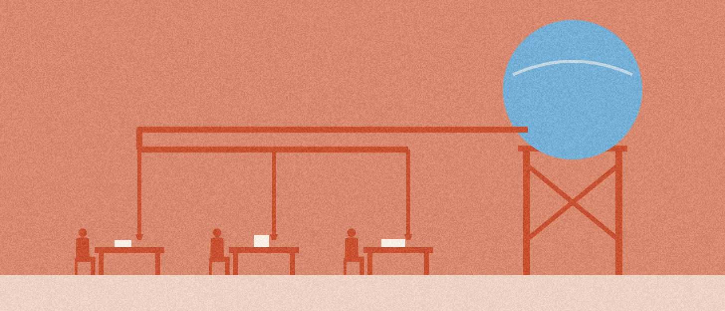 Illustration : un grand réservoir rond alimente par trois tuyaux trois bureaux occupés