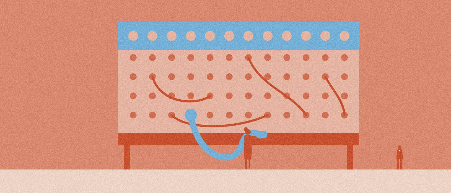 Illustration : une standardiste branche un cordon sur un immense standard téléphonique ancien