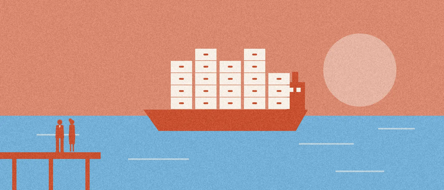 Illustration : un cargo chargé de classeurs traverse l'océan sous le regard de deux employés
