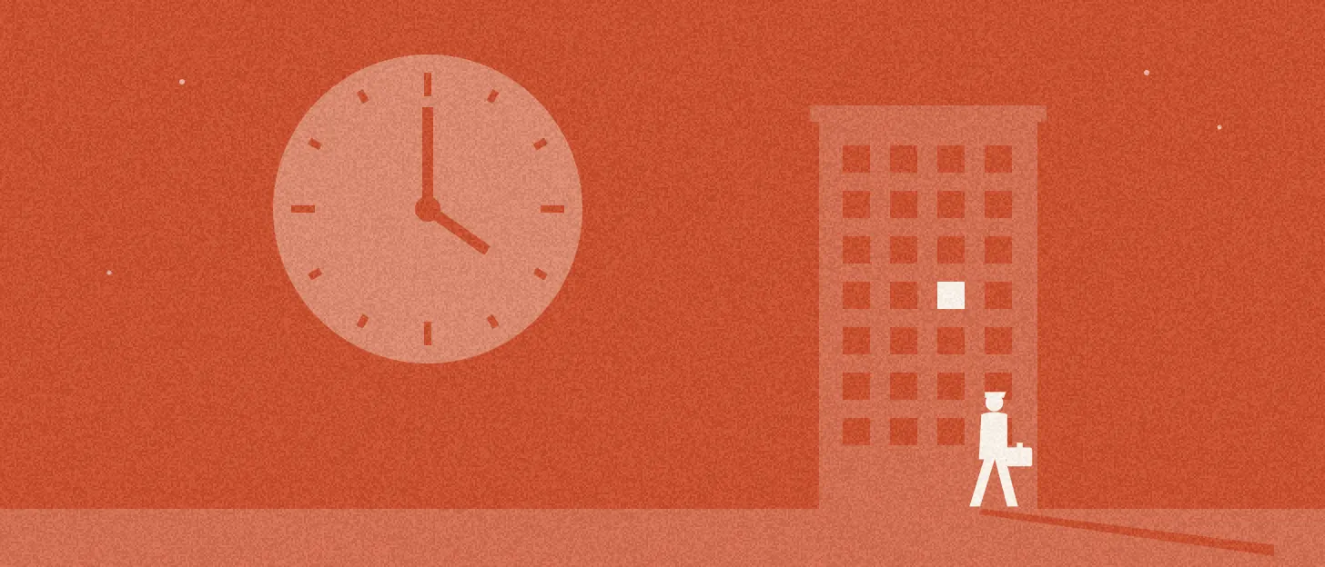 Illustration : au crépuscule, un employé part tandis qu'une fenêtre reste allumée sous une grande horloge