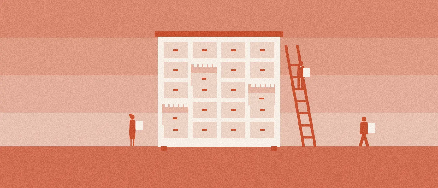 Un grand meuble à fiches au milieu d'un champ à l'aube, tiroirs ouverts, des silhouettes rangent des fiches