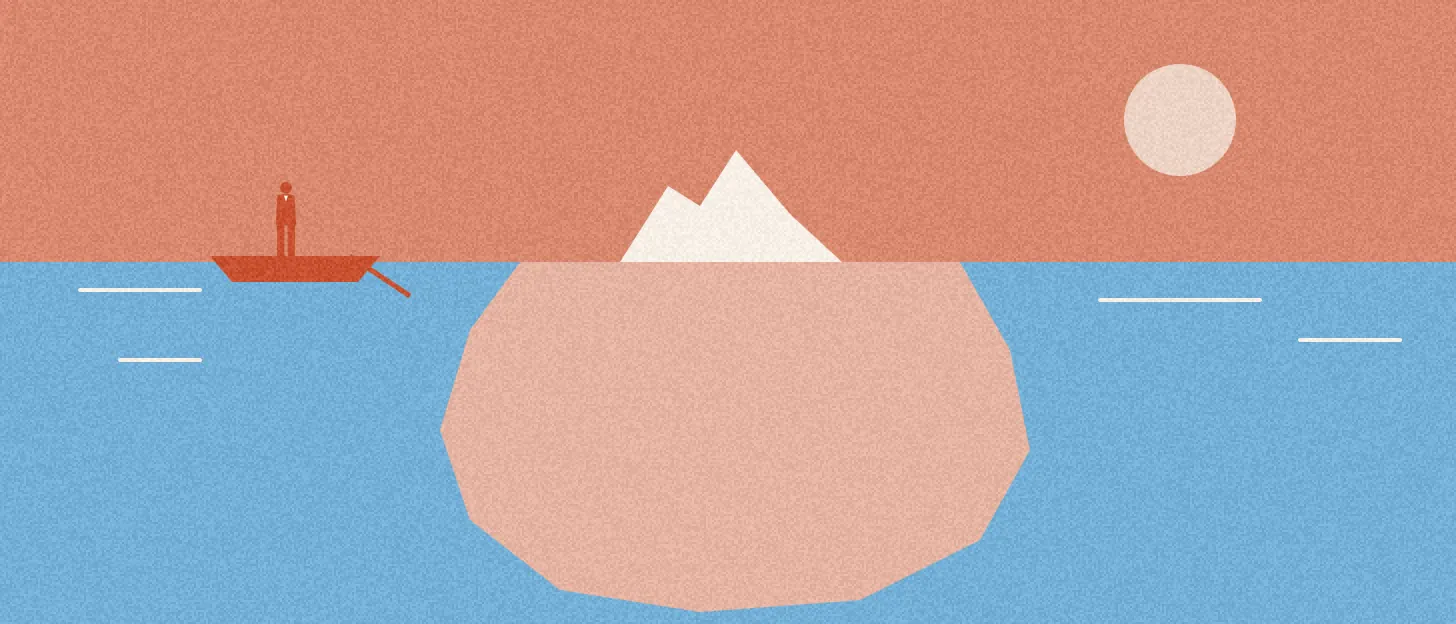 Un iceberg en coupe : petite pointe hors de l'eau, grande masse dessous, un homme en barque regarde la pointe