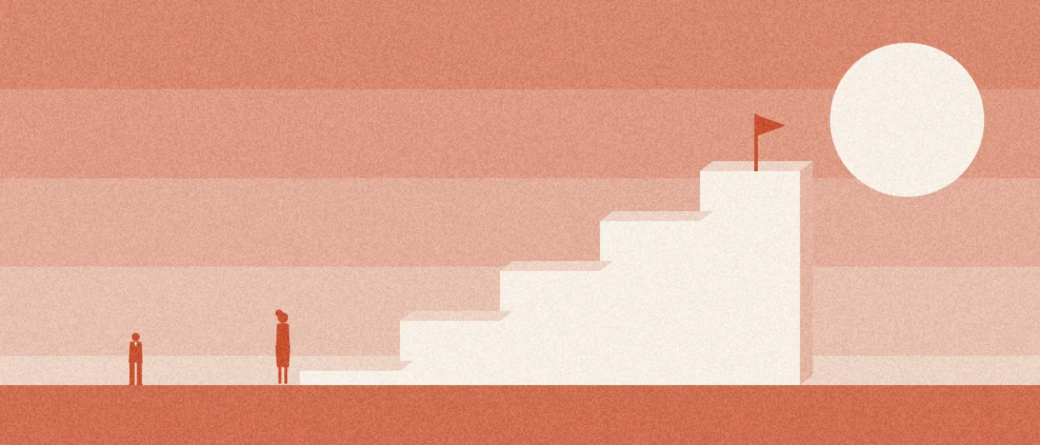Une femme pose le pied sur la première marche, très basse, d'un grand escalier qui monte vers un soleil
