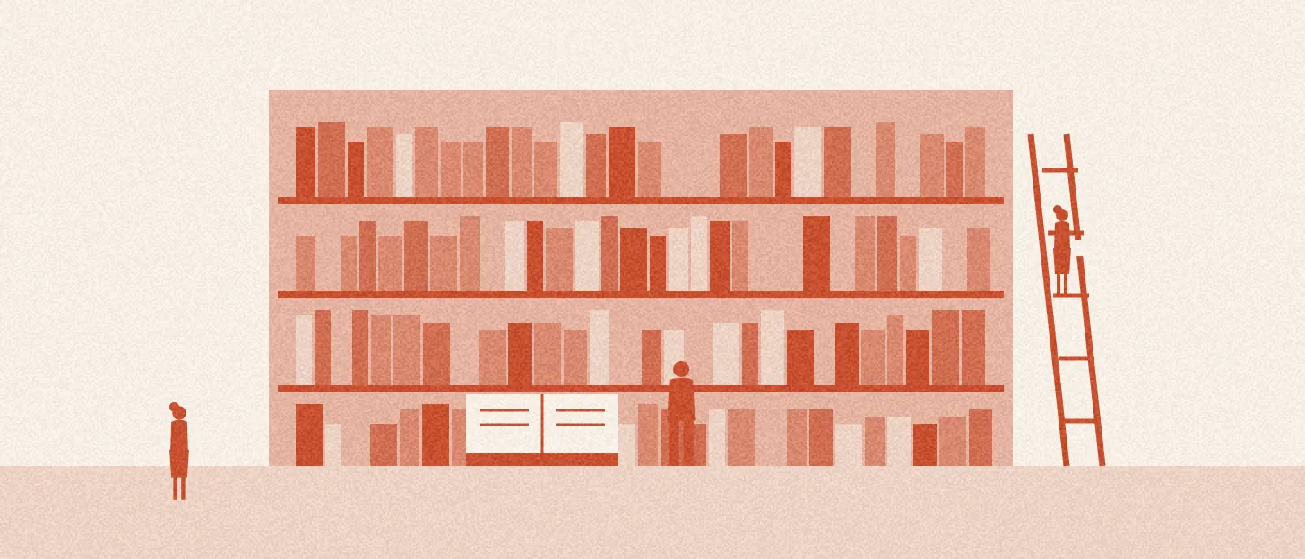 Une personne monte à l'échelle d'un mur de registres pendant qu'une autre consulte un livre ouvert
