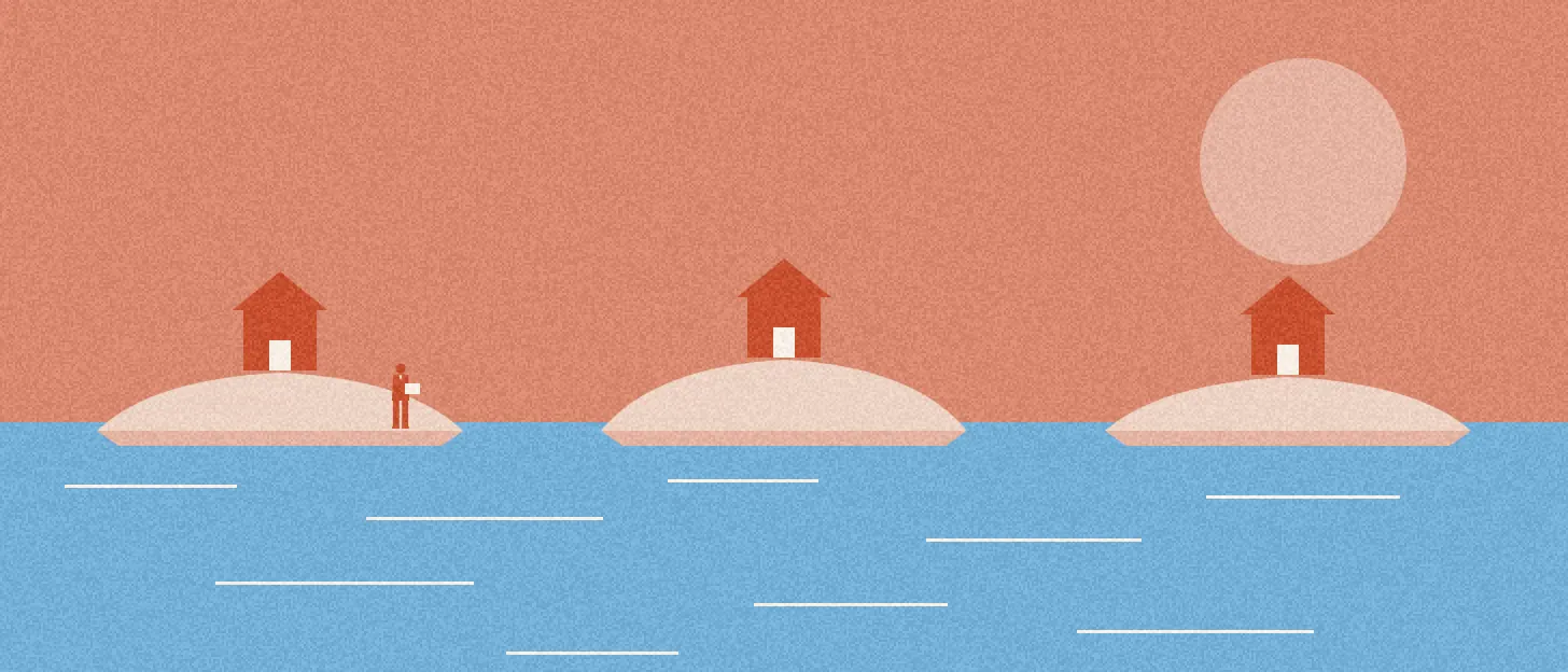Trois petites îles séparées par une mer bleue, chacune avec sa propre cabane identique, sans pont entre elles