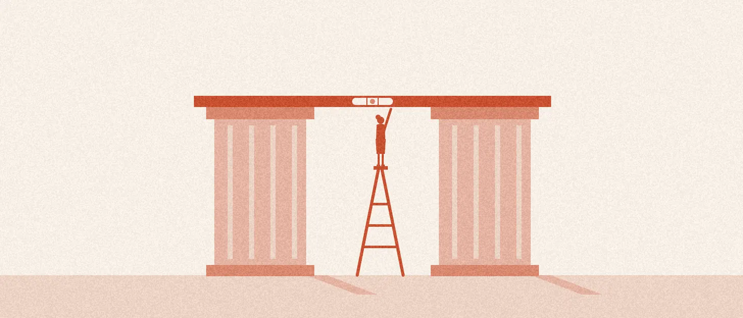 Illustration : une règle de niveau posée sur deux colonnes de même hauteur, une personne sur un escabeau vérifie la bulle