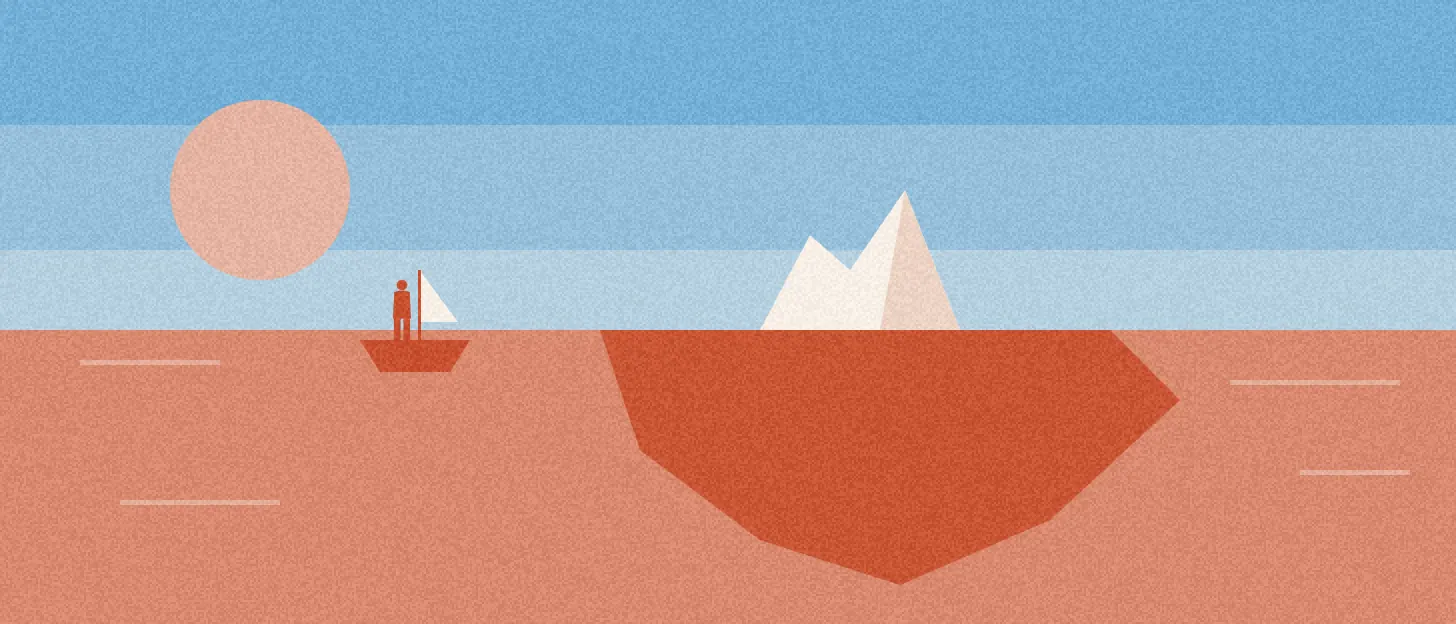 Un petit voilier s'approche d'un iceberg dont la pointe émerge et dont la masse immergée est bien plus grande