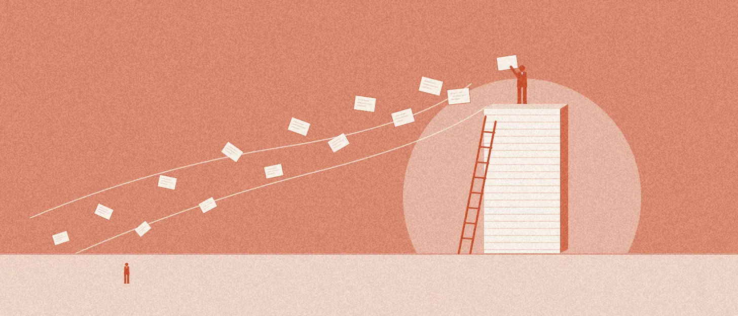 Illustration : des feuilles éparpillées s'envolent vers une seule grande pile où un homme pose la dernière