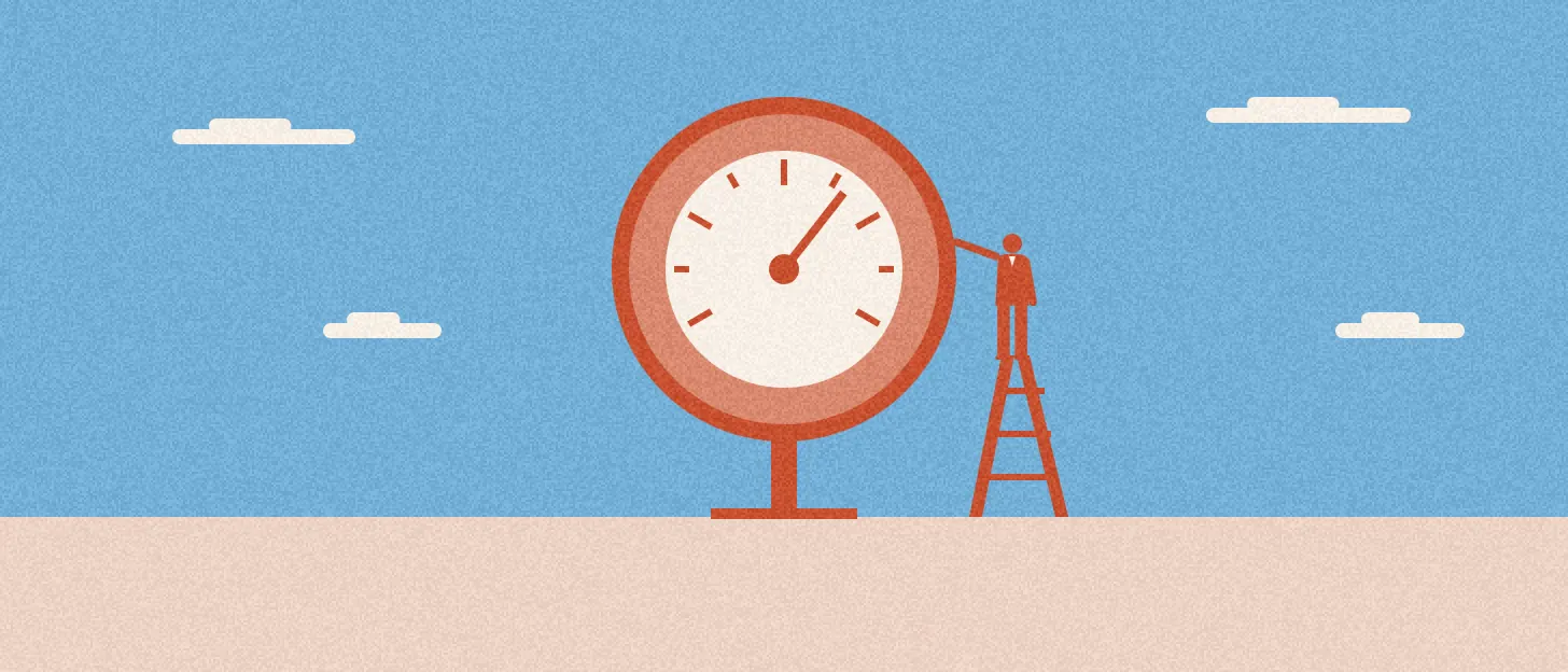 Illustration : une personne sur un escabeau relève l'aiguille d'un immense cadran rond posé sur un pied
