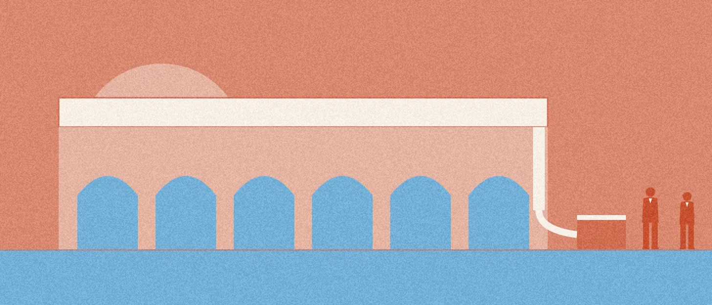 Illustration : un long aqueduc alimente un petit réservoir près de deux personnes