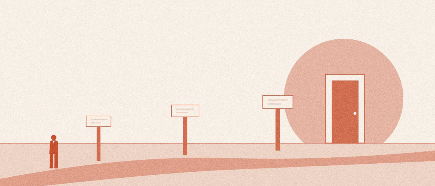 Illustration : une personne marche sur un chemin jalonné de trois panneaux vers une porte