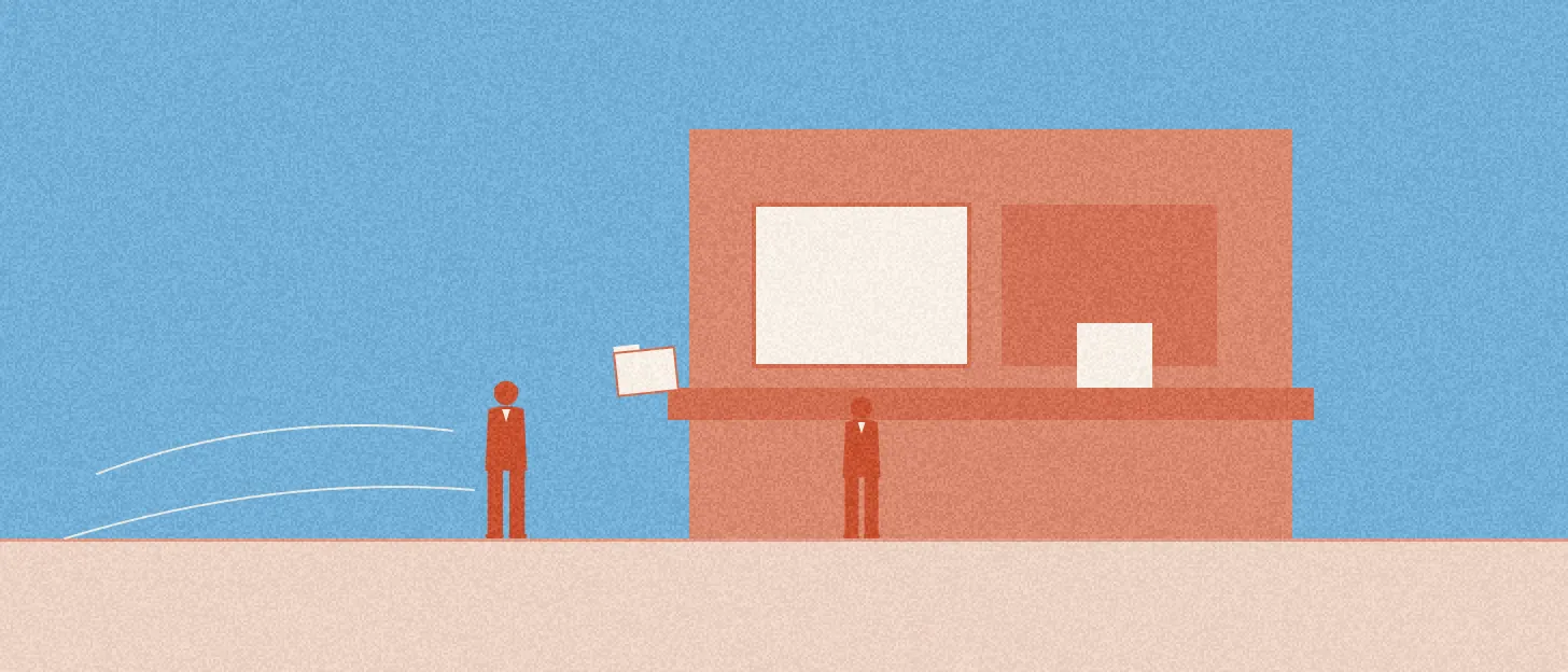 Illustration : une personne tend un dossier à un guichet tenu par une autre personne