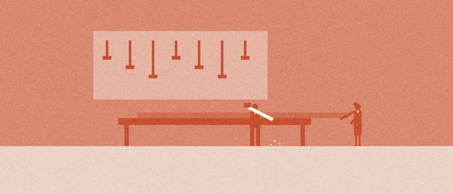 Illustration : à un grand établi, une personne scie une longue planche pendant qu'une autre la tient