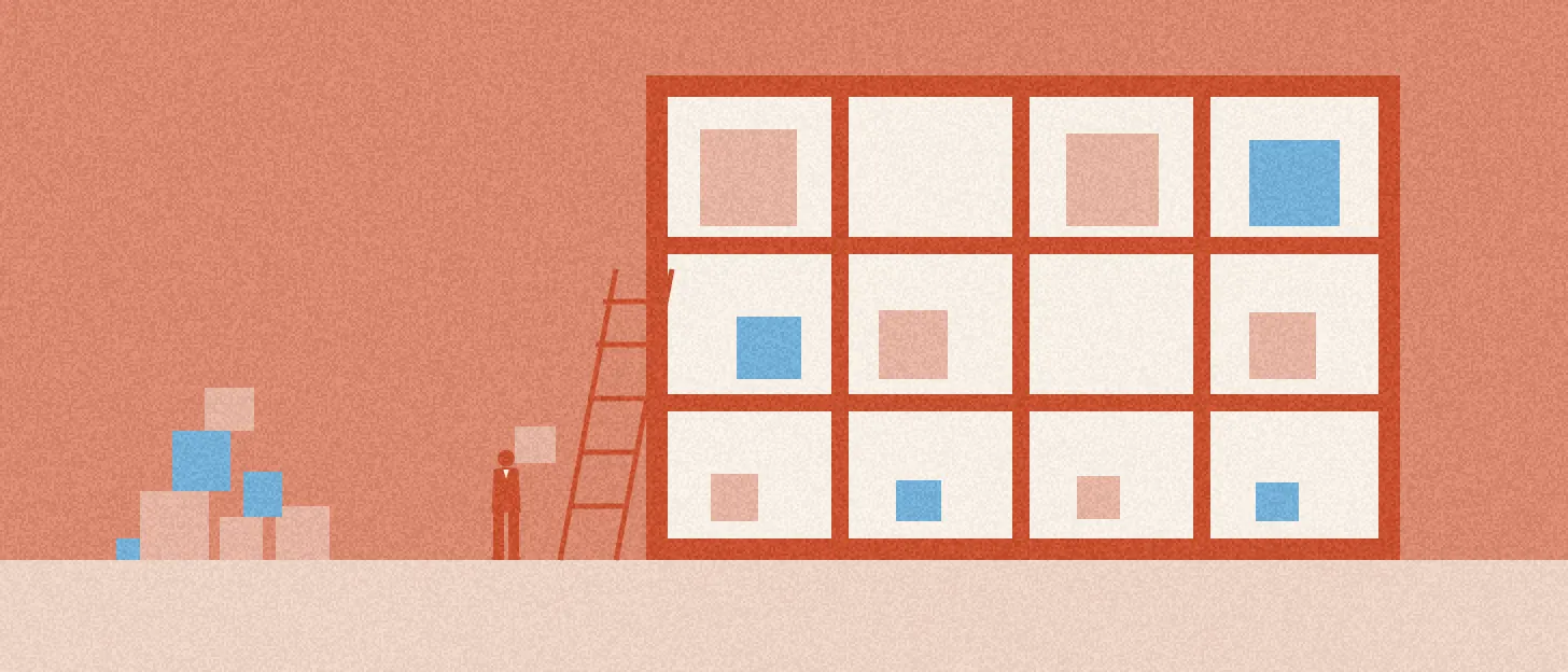 Un grand casier de douze cases, certaines garnies de cubes roses ou bleus, d'autres encore vides ; au pied d'une échelle, une silhouette tient un cube, près d'une pile de cubes à ranger