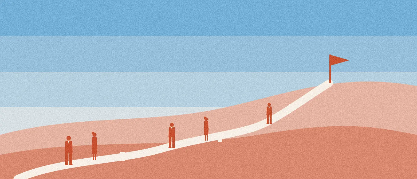 Une route sinueuse monte vers un drapeau, une file d'employés avance