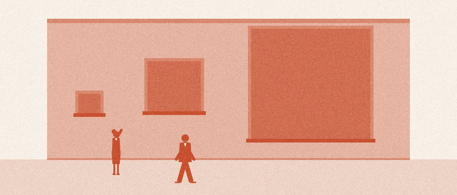Illustration : trois guichets de tailles très différentes dans un grand mur, une personne choisit celui du milieu