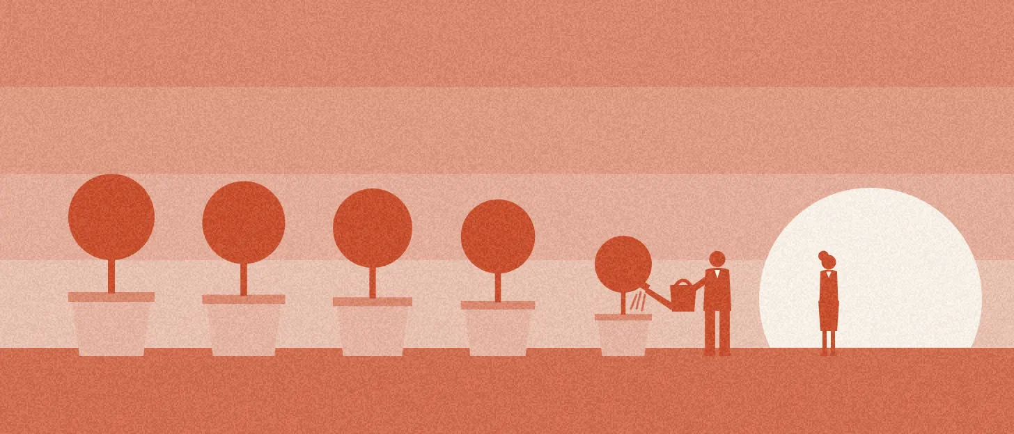 Illustration : une personne arrose une rangée de jeunes arbres en pots pendant qu'une autre la regarde faire
