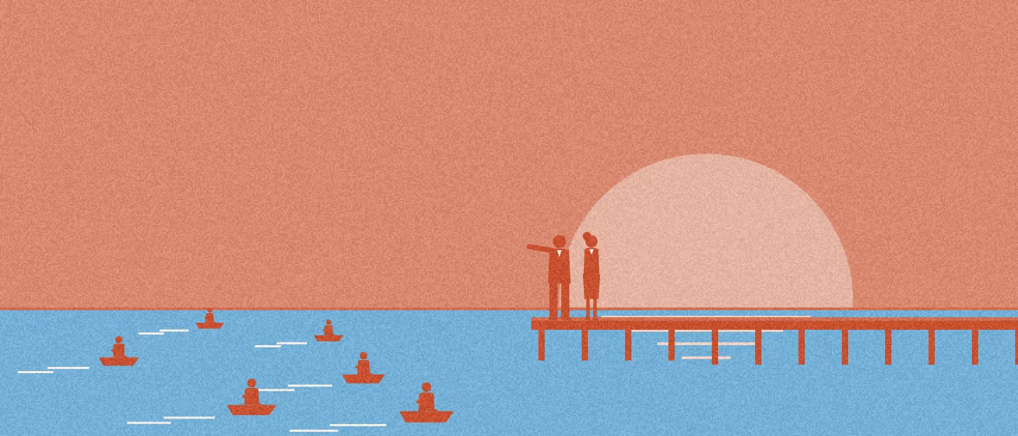 Illustration : des barques dispersées convergent vers une longue jetée où deux personnes les accueillent