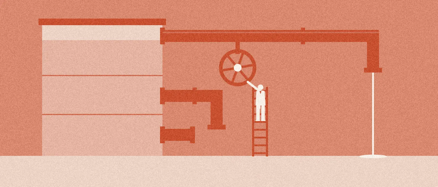 Illustration : une personne sur une échelle ouvre à moitié une vanne ; un seul tuyau laisse couler un filet d'eau