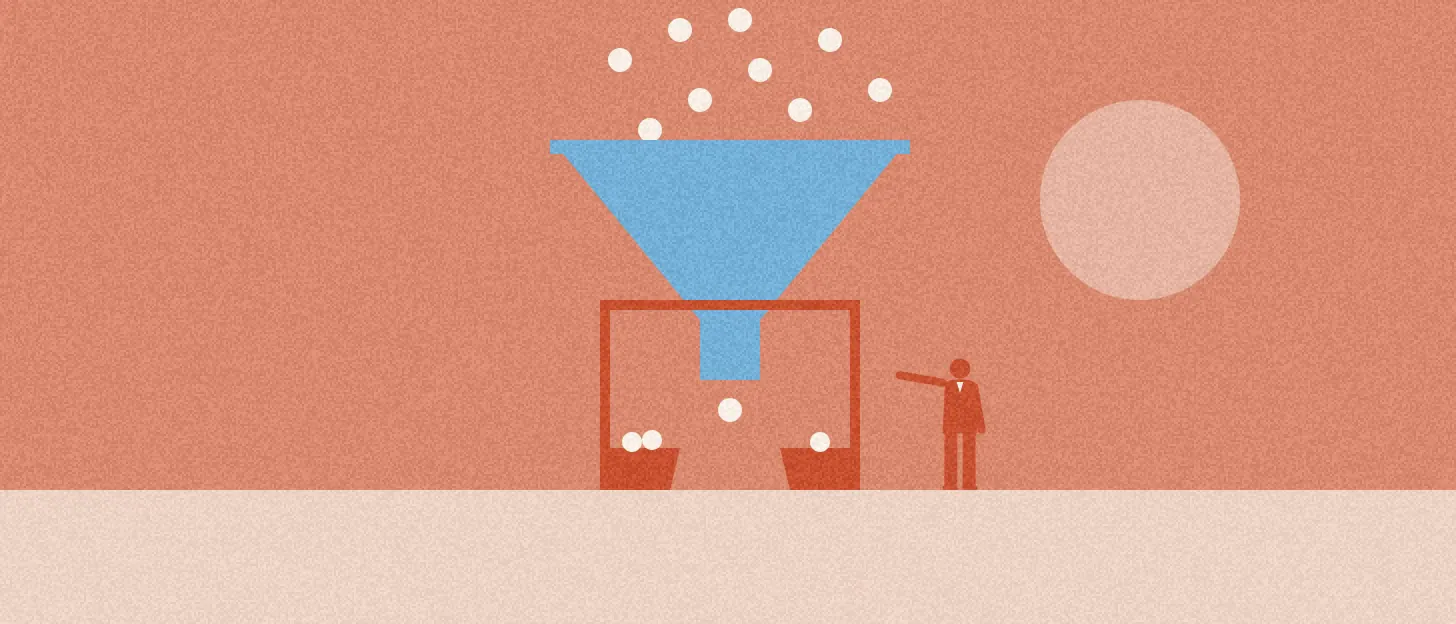 Illustration : des billes tombent dans un entonnoir, une personne les oriente vers deux paniers