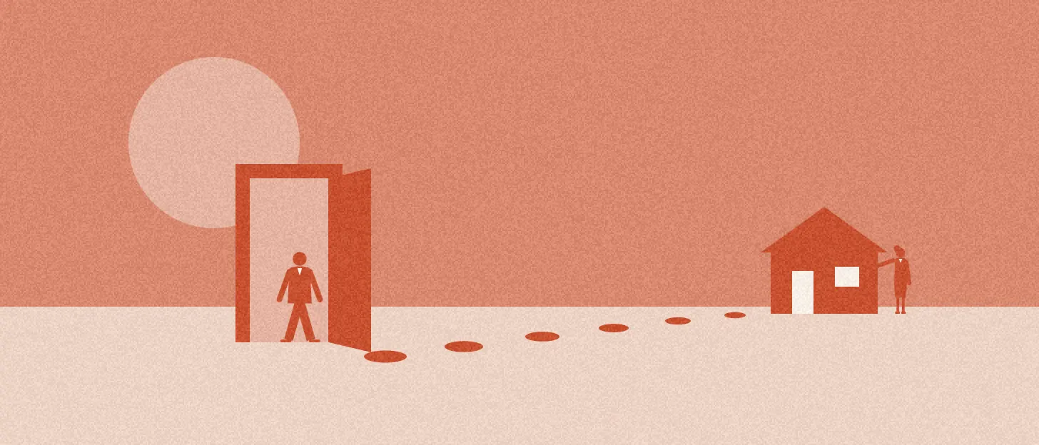 Illustration : une personne franchit une porte isolée ; un chemin de pierres mène ensuite à une maison où l'on attend