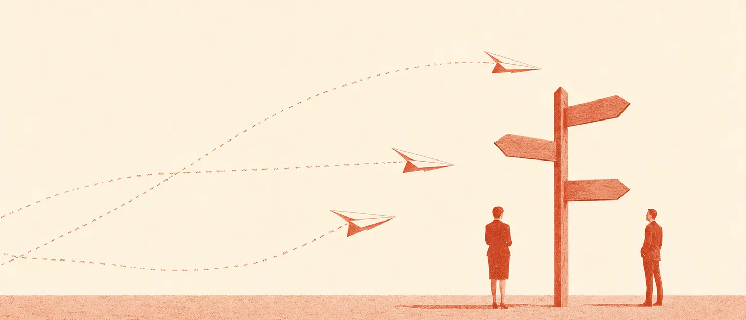 Des avions en papier volent vers un panneau indicateur à trois bras