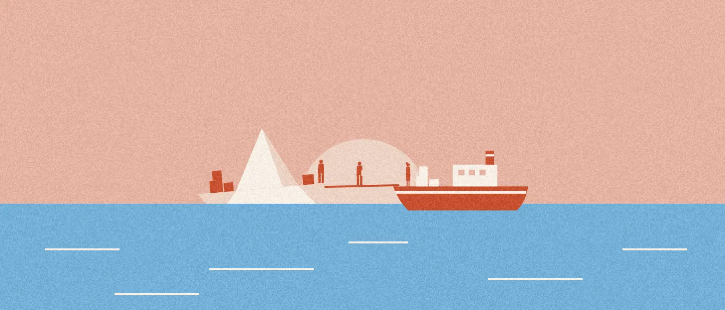Un bateau en papier chargé de caisses s'enfonce dans l'eau ; par une planche, on transborde vers un vrai navire