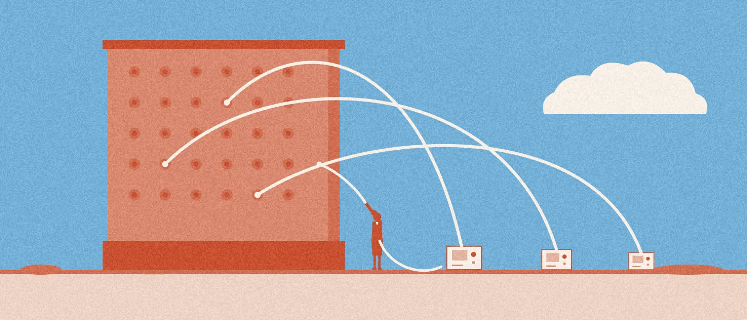 Illustration : une opératrice relie par des câbles un standard géant à trois machines posées au loin