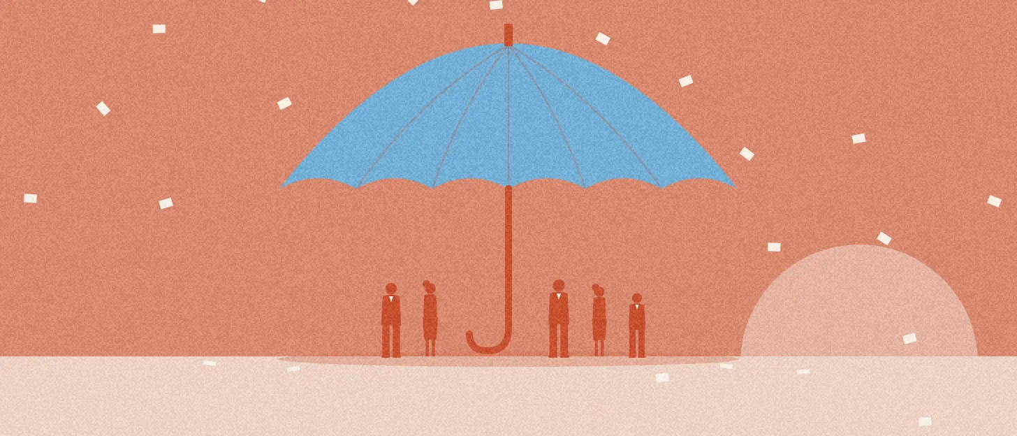 Illustration : un grand parapluie bleu abrite une petite équipe au sec sous une pluie de feuilles