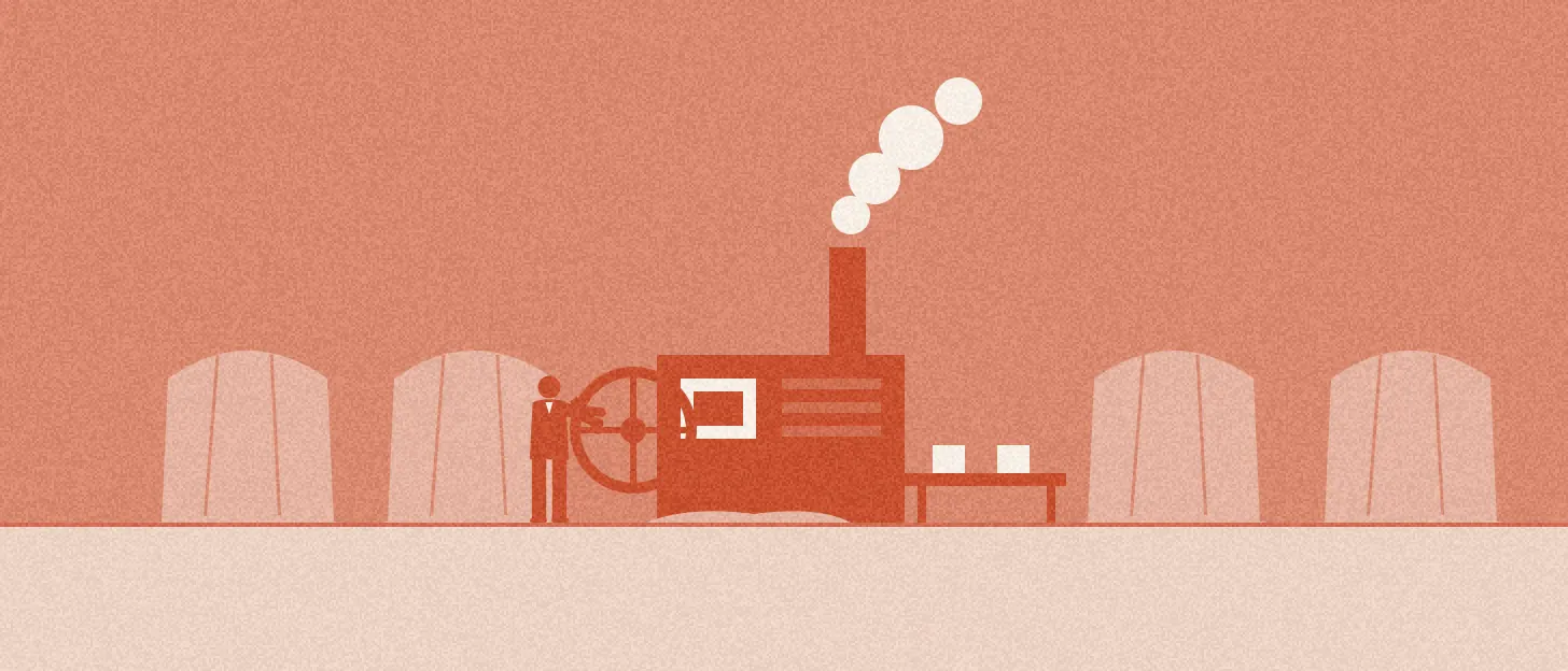 Illustration : une rangée de machines bâchées ; une seule, découverte, fume et tourne pendant qu'une personne actionne sa roue
