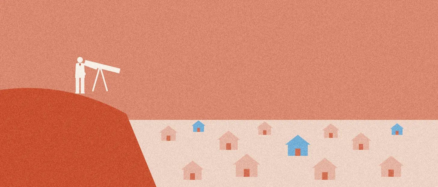 Illustration : depuis une colline, une personne observe à la longue-vue une vallée de maisons dont trois sont bleues